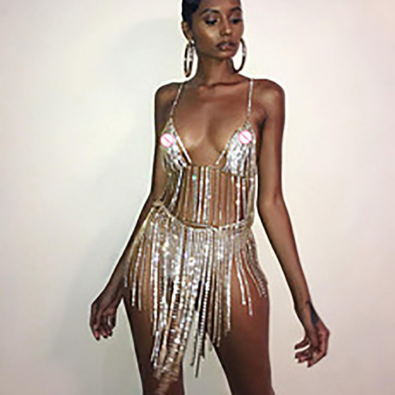 Picture of European and american cross-border jewelry summer fashion rhinestone bra skirt suit sexy nightclub waist chain tassel body chain female