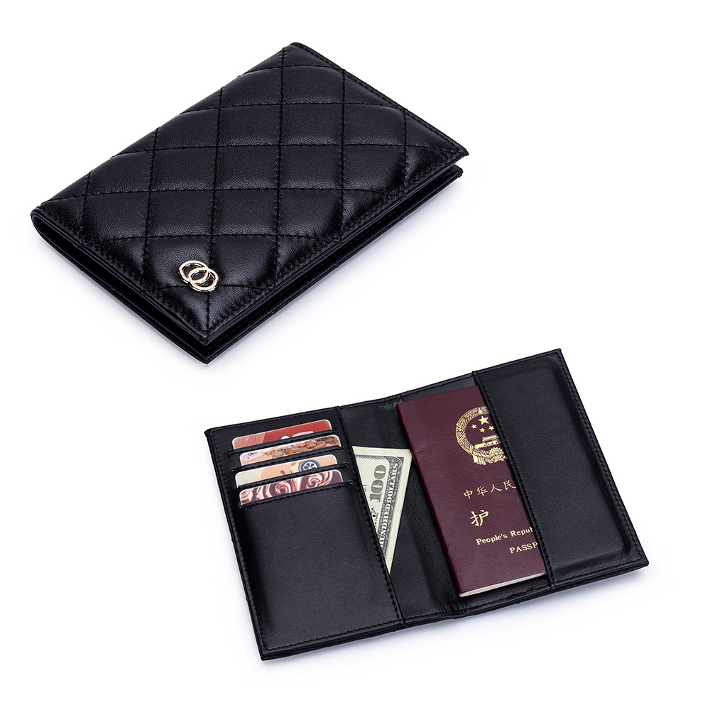 Sheepskin Embroidered Rhomboid Folding Passport Bag Women's New Fashion Travel Passport Protective Cover Genuine Leather Wallet Trendy