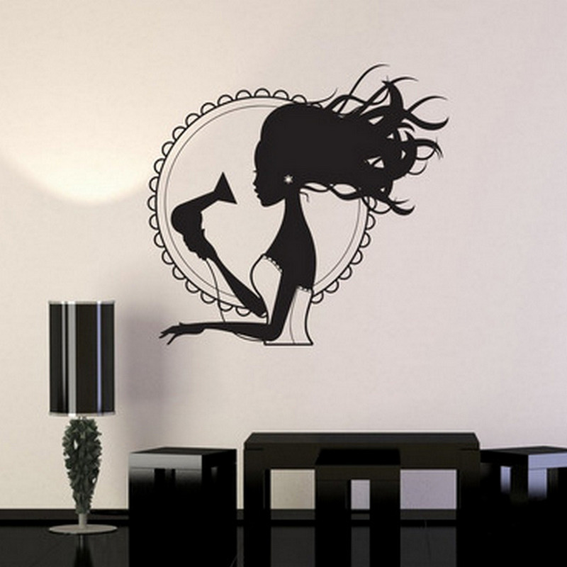 Long hair woman with hair dryer pattern creative carved wall stickers beauty barber shop decorative stickers