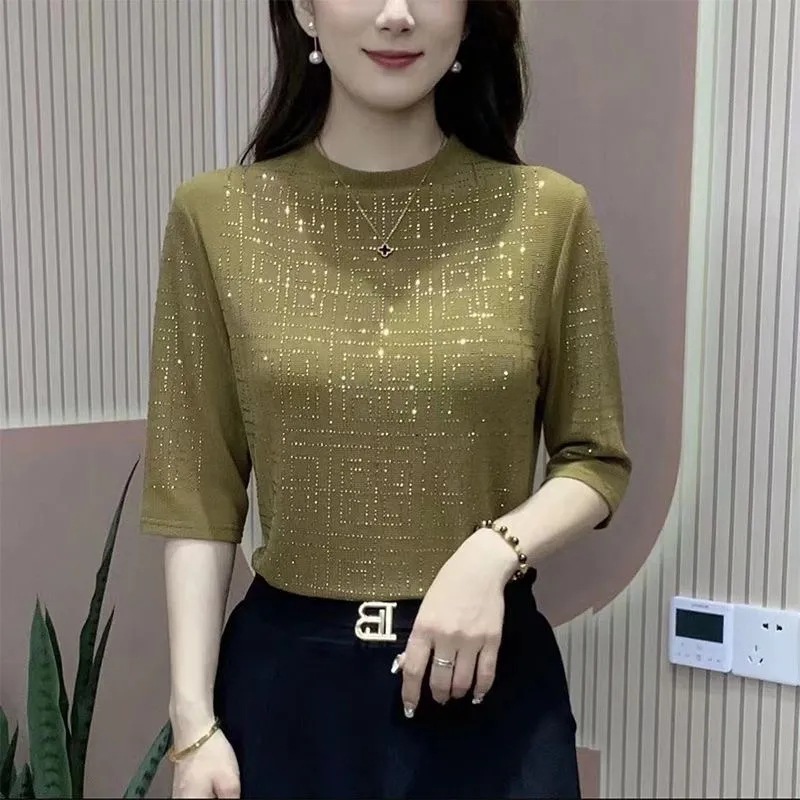 Stylish Mom's Mid-Sleeve T-Shirt Spring New Women's Base Shirt Solid Color Hot Drilling Fashionable All-Match Top