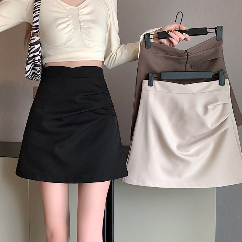 Summer New Black Pleated High Waist Irregular Skirt Women's Slimming All-match A- line Hip Skirt Short Skirt