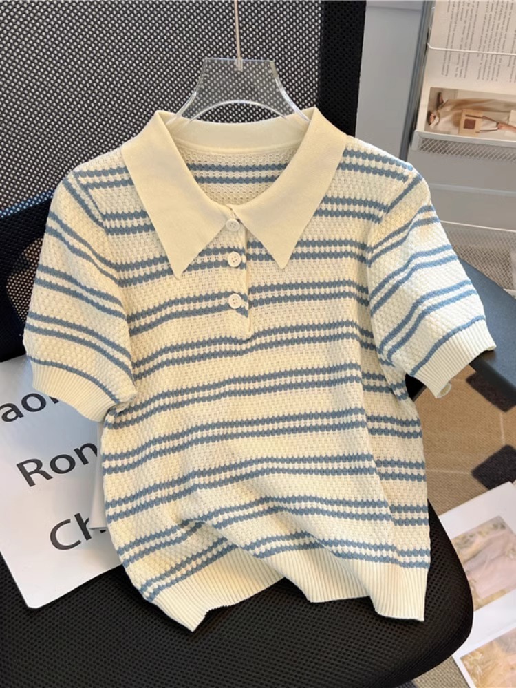 Ice Silk Short-sleeved T-shirt Women's 2024 New Summer Thin Design Niche Striped Polo Collar Sweater Top