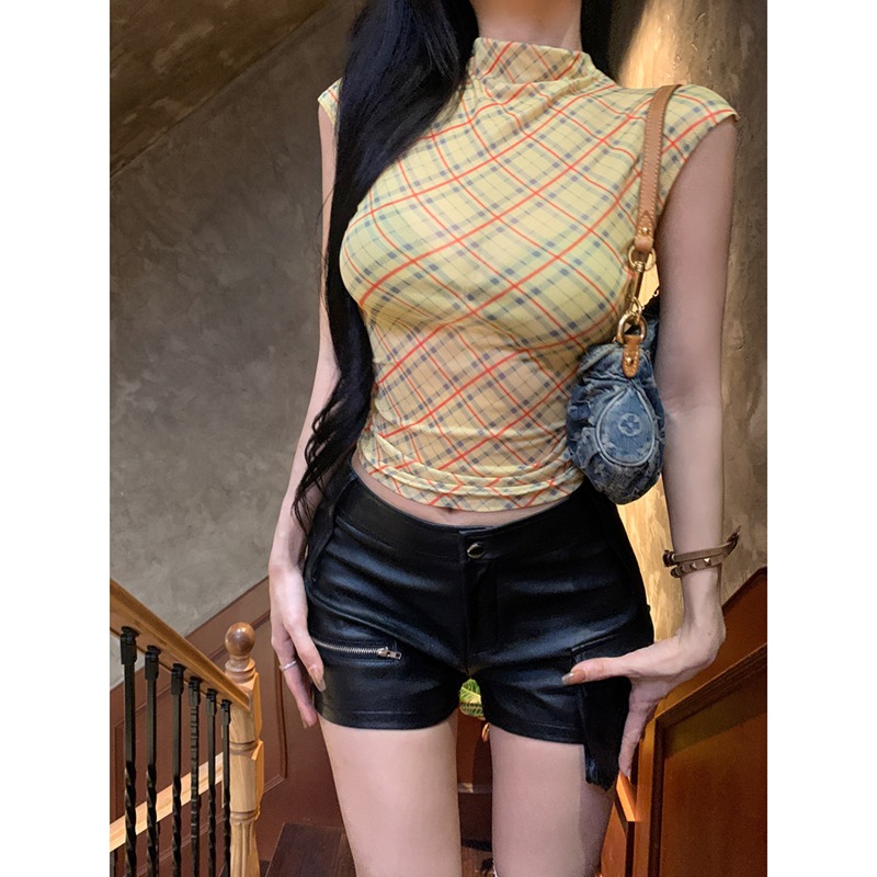 Half-high Collar Short-sleeved T-shirt Women's Summer 2025 American Style Hot Girl Navel Short Top Niche Design Sense Plaid T-shirt