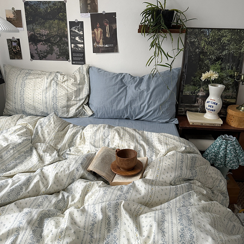 Picture of Small fresh pastoral style cotton bed four-piece set cotton bed sheet quilt cover quilt cover bed hat dormitory three-piece set