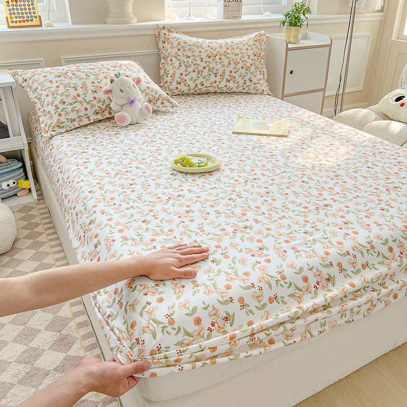 New skin-friendly water-washed cotton sanding bed hat single-piece product Simmons mattress protection set bedspread three-piece wholesale