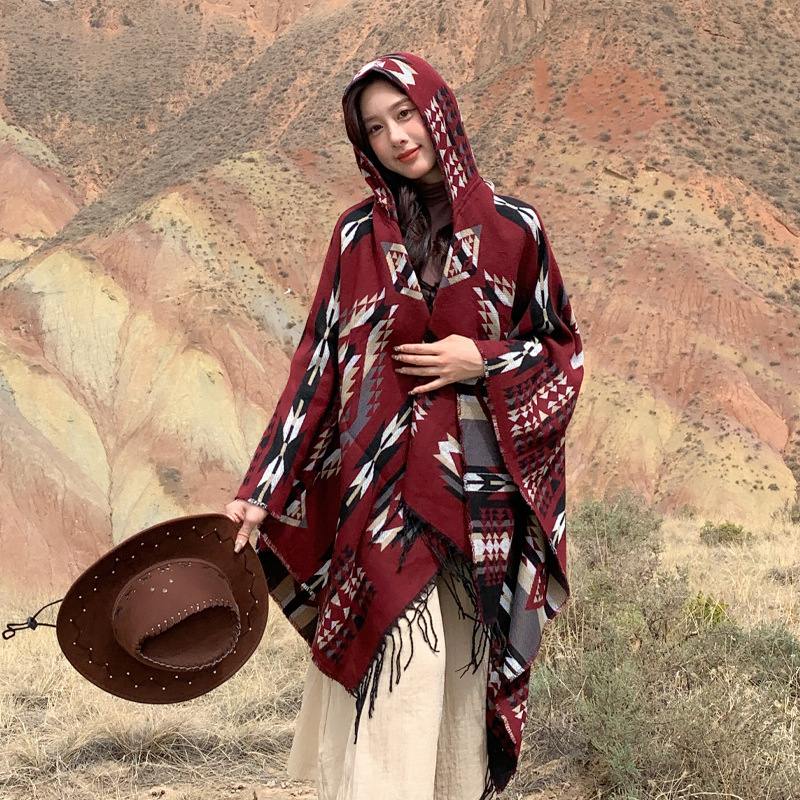 Picture of Spring Casual All-match Distinctive Ethnic Style Tassel Scarf Holiday Play Fashion Comfortable Warm Hooded Cape