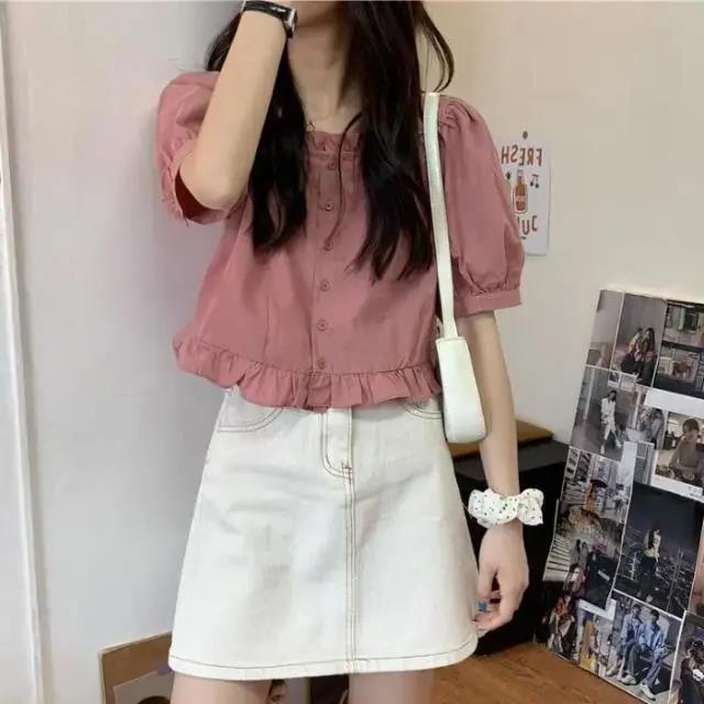 Picture of Short-Sleeved Women's New Spring/Summer 2022 Cute Casual Elegant Puff Sleeve Short Ruffled Square Neckline Top Ins