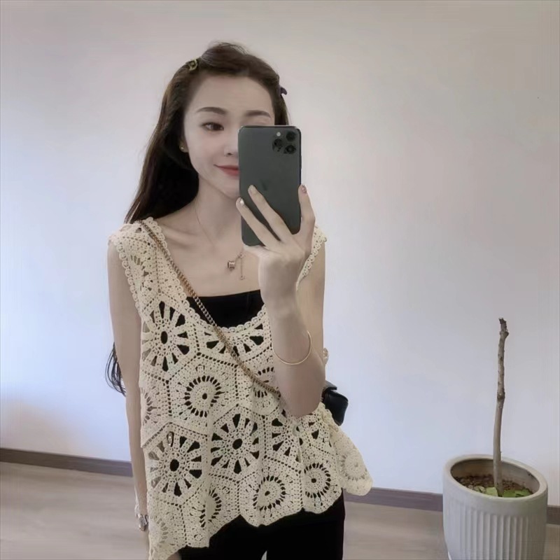 Hook Flower Hollow Solid Color Vest Top Women's Casual Loose Outer Wear Inner Sleeveless Deep V-neck Spring Vest