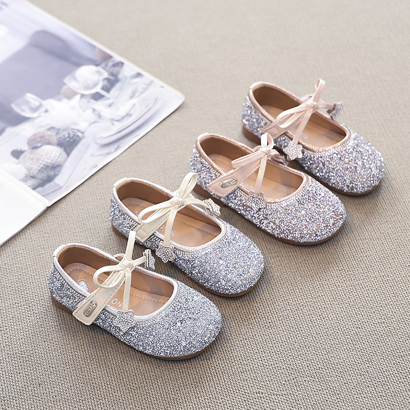 Girls Princess Shoes 2025 New Children's Spring Sequined Crystal Shoes Cute and Plaid Bow Little Girls Leather Shoes