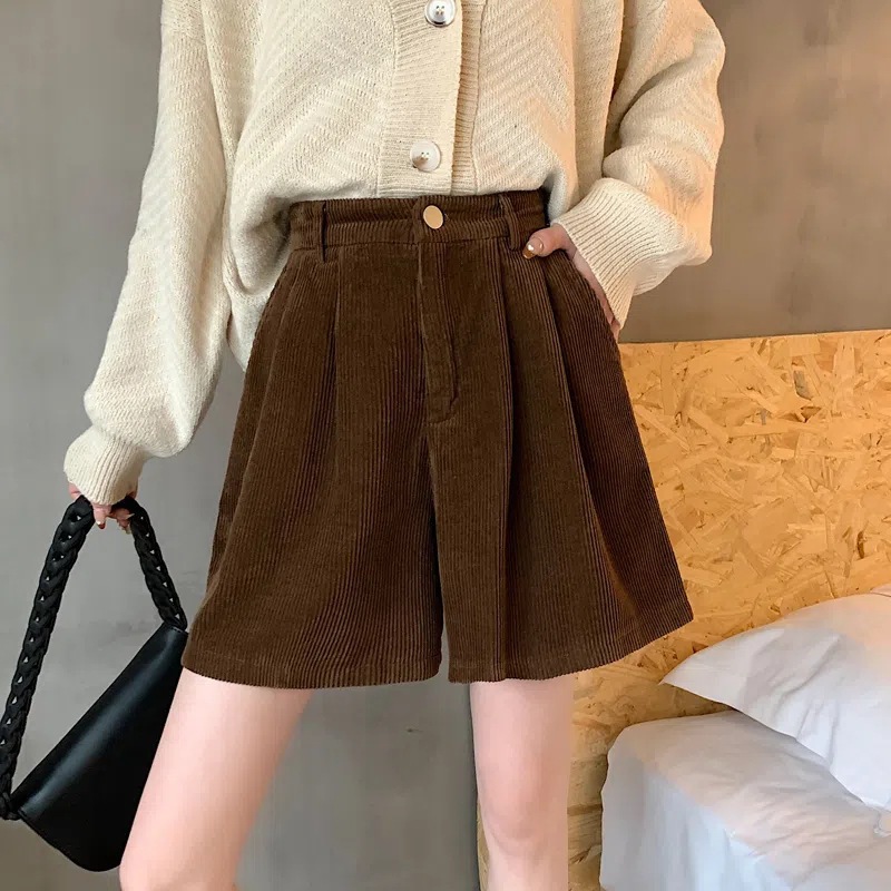 Picture of Autumn and Winter Corduroy Shorts for Women Plus Size Fat m Elastic High Waist Slim Outer Wear A-Line Wide Leg Pants Black Casual Boot Pants