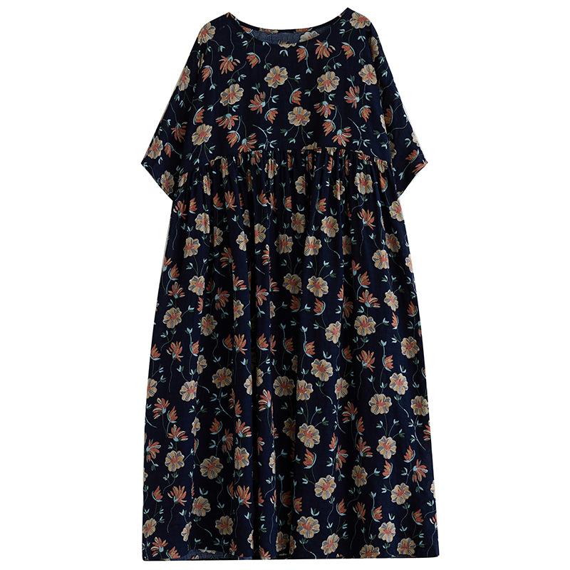 Picture of Super Fat Plus Size Women's Extras Size Summer Retro Slimming Loose Short-sleeved Belly-covering Long Printed Dress for Chubby Girls