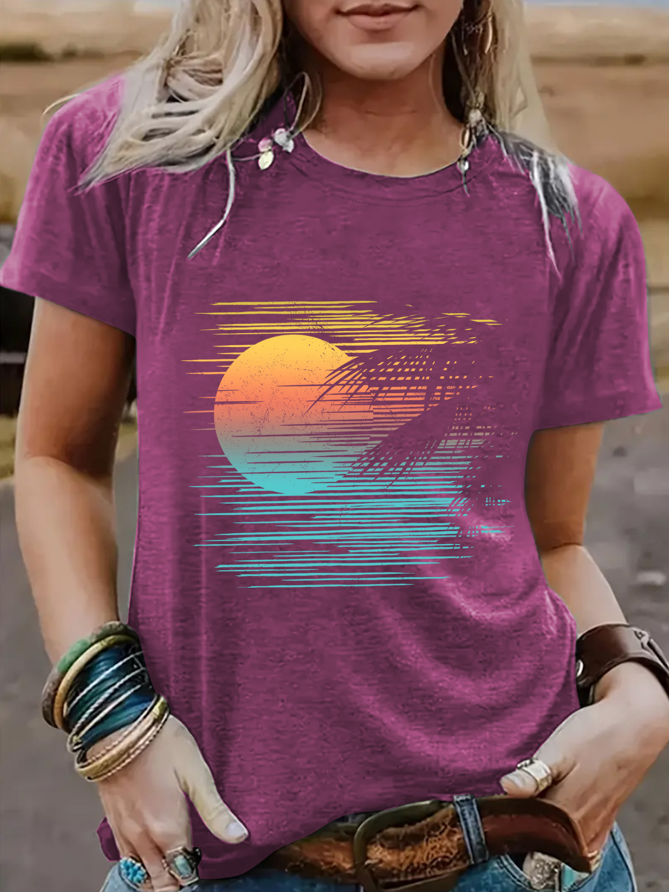 Amazon Europe and the United States summer women's sunrise pattern round neck short sleeve casual fashion foreign trade T-shirt cross-border e-commerce explosions