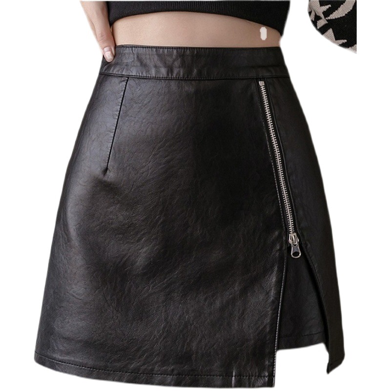 New Black Small Leather Skirt Women's 2025 Student Split Skirt Fashion High Waist A- Line Skirt PU Leather Hip Skirt