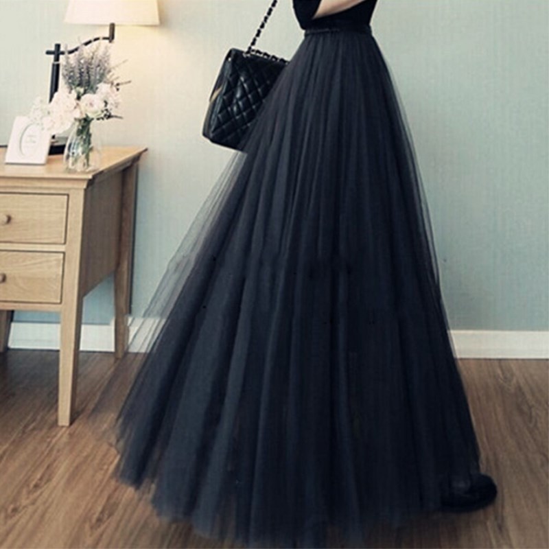 Cross-border New Black Mesh Skirt Mid-length Women's Sweet High Waist A- line Skirt Veil Skirt Puff Skirt Mid-length Skirt