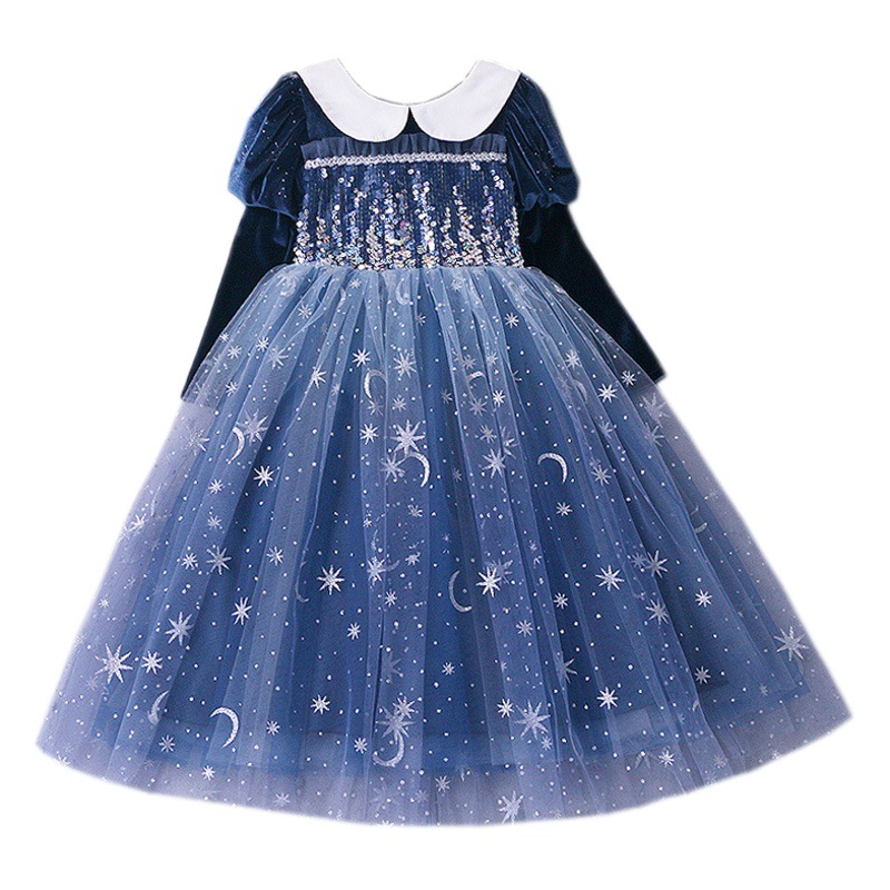 3-6 Years Old Frozen Elsa Princess Dress Korean Velvet Long Sleeve Dreamy French Style Halloween Princess Dress Gown