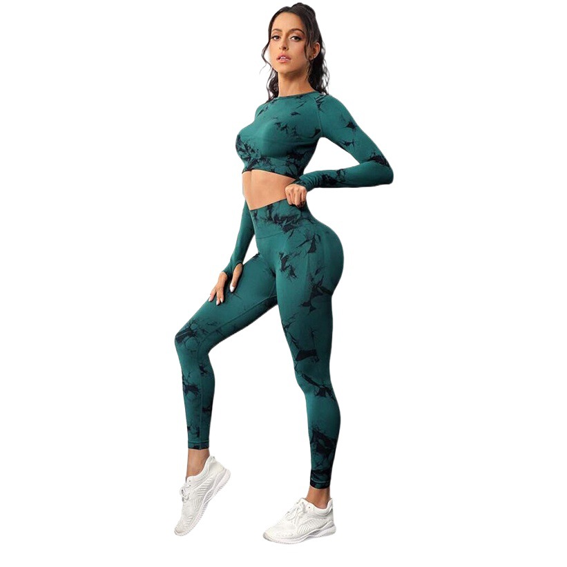 European and American tie-dye yoga long sleeve suit women's high waist hip lifting elastic tie-dye yoga pants sports running workout clothes
