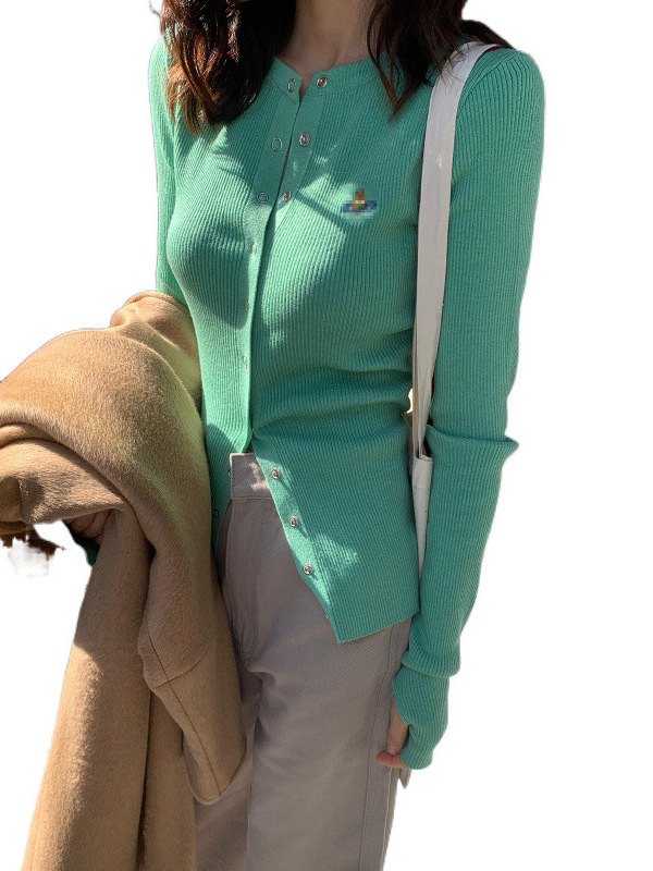 Picture of Green Long-Sleeved Knitted Cardigan for Women Spring & Fall New High-End Slim Slim Long-Sleeved T-Shirt Thin Outwear Top
