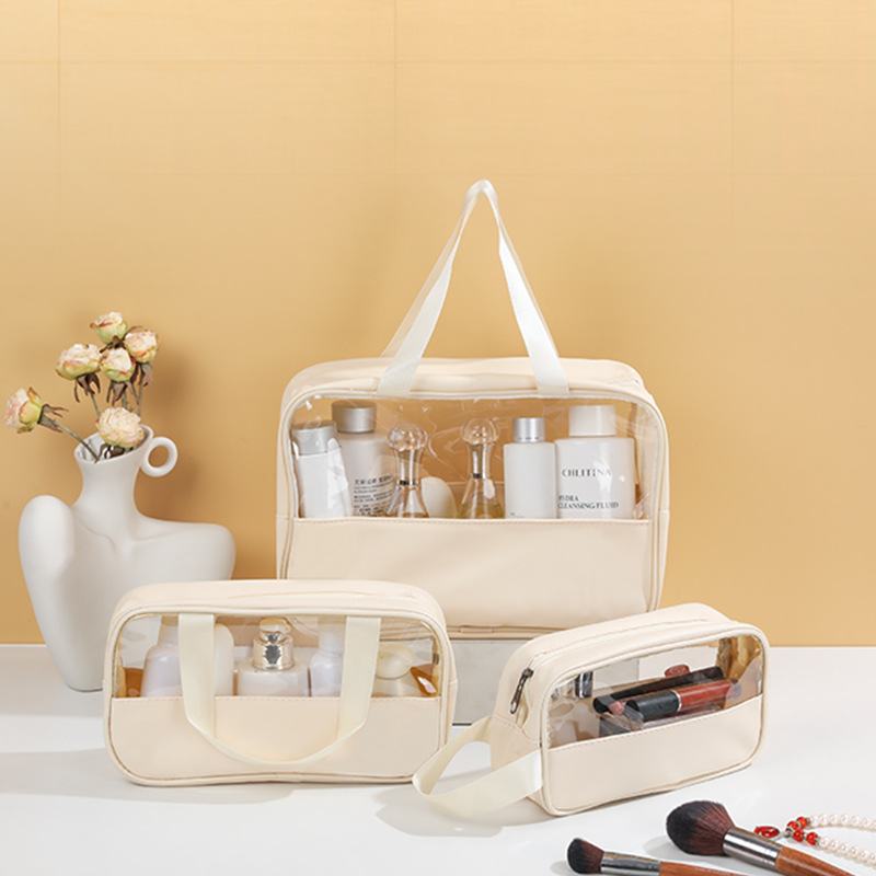 Picture of Transparent Toiletry Bag, Large Capacity Waterproof Portable Cosmetic Bag, Pu Splicing Bath Bag, Business Trip Travel Storage Bag, Portable