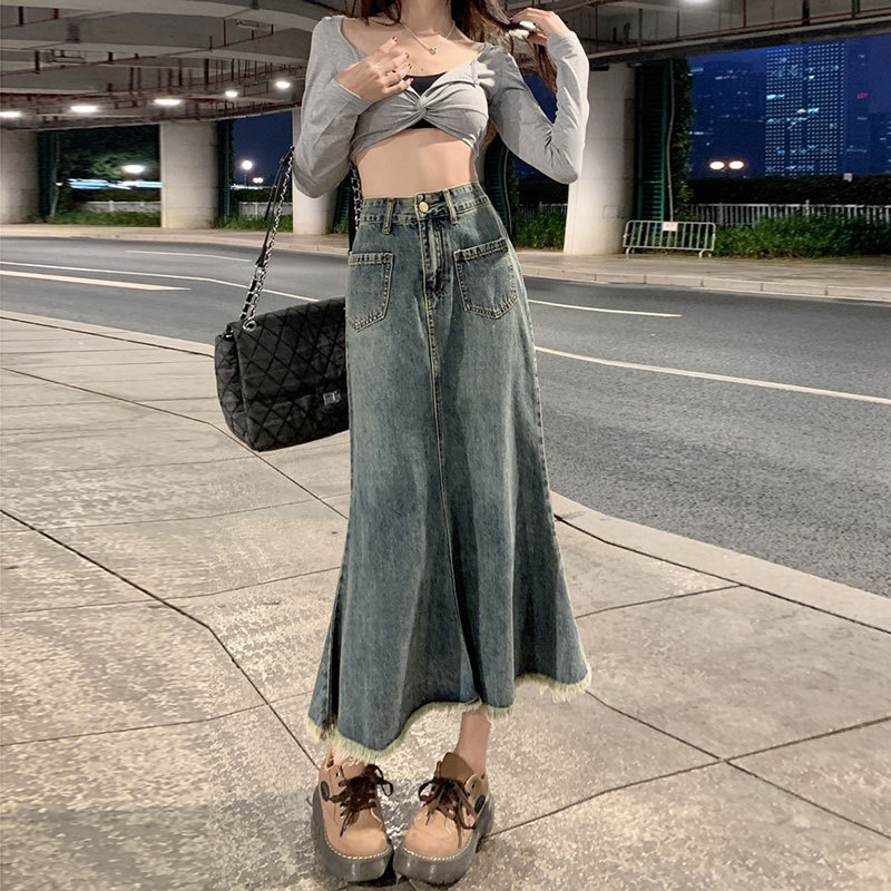 Denim Skirt Women's Summer New Ins Style Korean Style High Waist Slimming Look A-Line Skirt Niche Design Raw Edge Fishtail Skirt