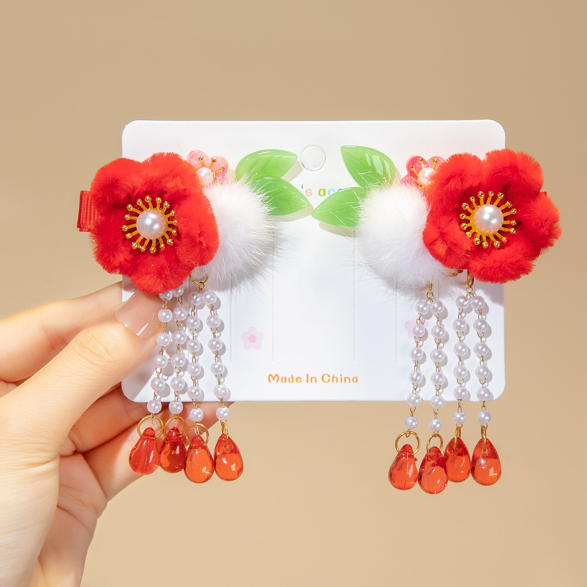 Picture of New Year Red Headwear Children's Antique Fluffy Flower Hair Ball Tassel Hairpin Girls New Year Greeting Hairpin New Year Celebration Hair Accessories