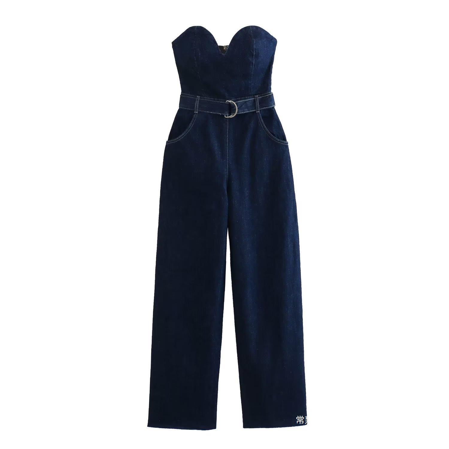 European and American Cross-Border Women's Clothing Wholesale European and American Tight-Fitting Heart-Shaped Collar Bra-Style Denim Jumpsuits