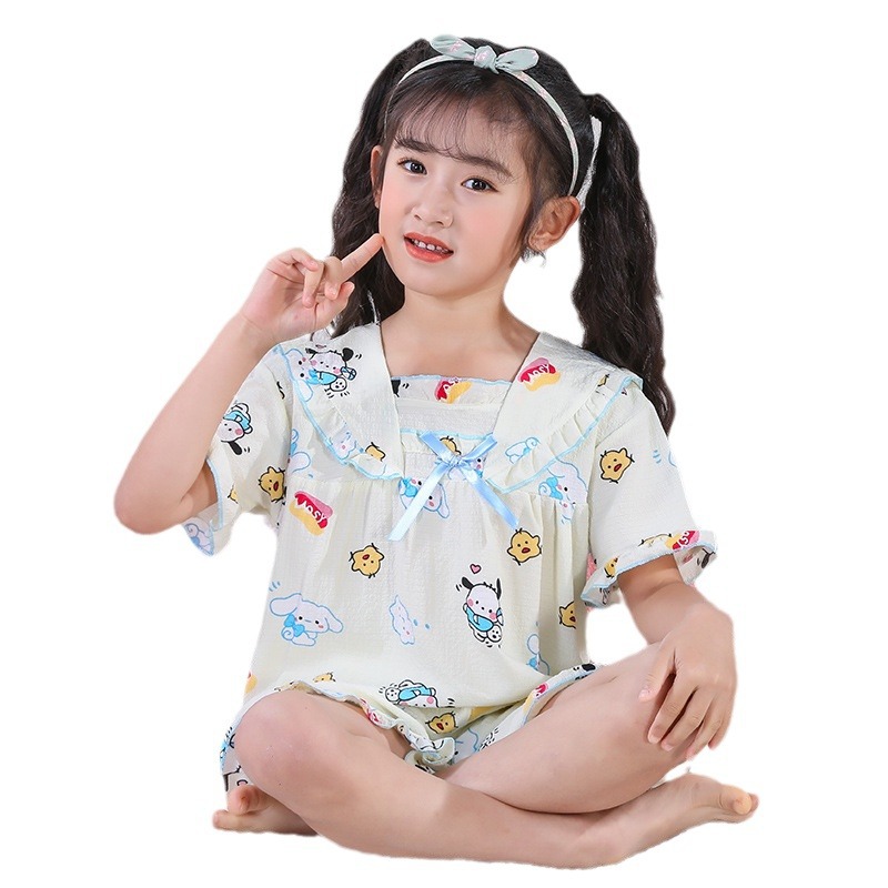 Picture of Children's Pajamas Summer Bubble Girls Cute Cartoon Princess Style Square Collar Short Sleeve Shorts Large Children's Home Clothes