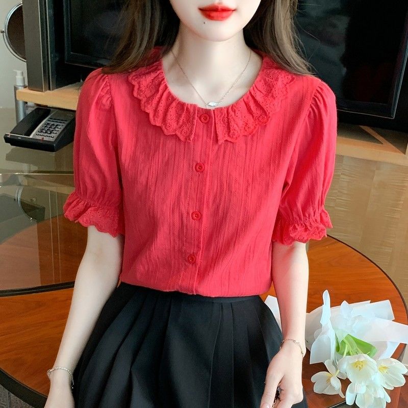 Summer 2024 new women's clothing fashionable ruffled doll collar cotton shirt Women's Western style cotton red top