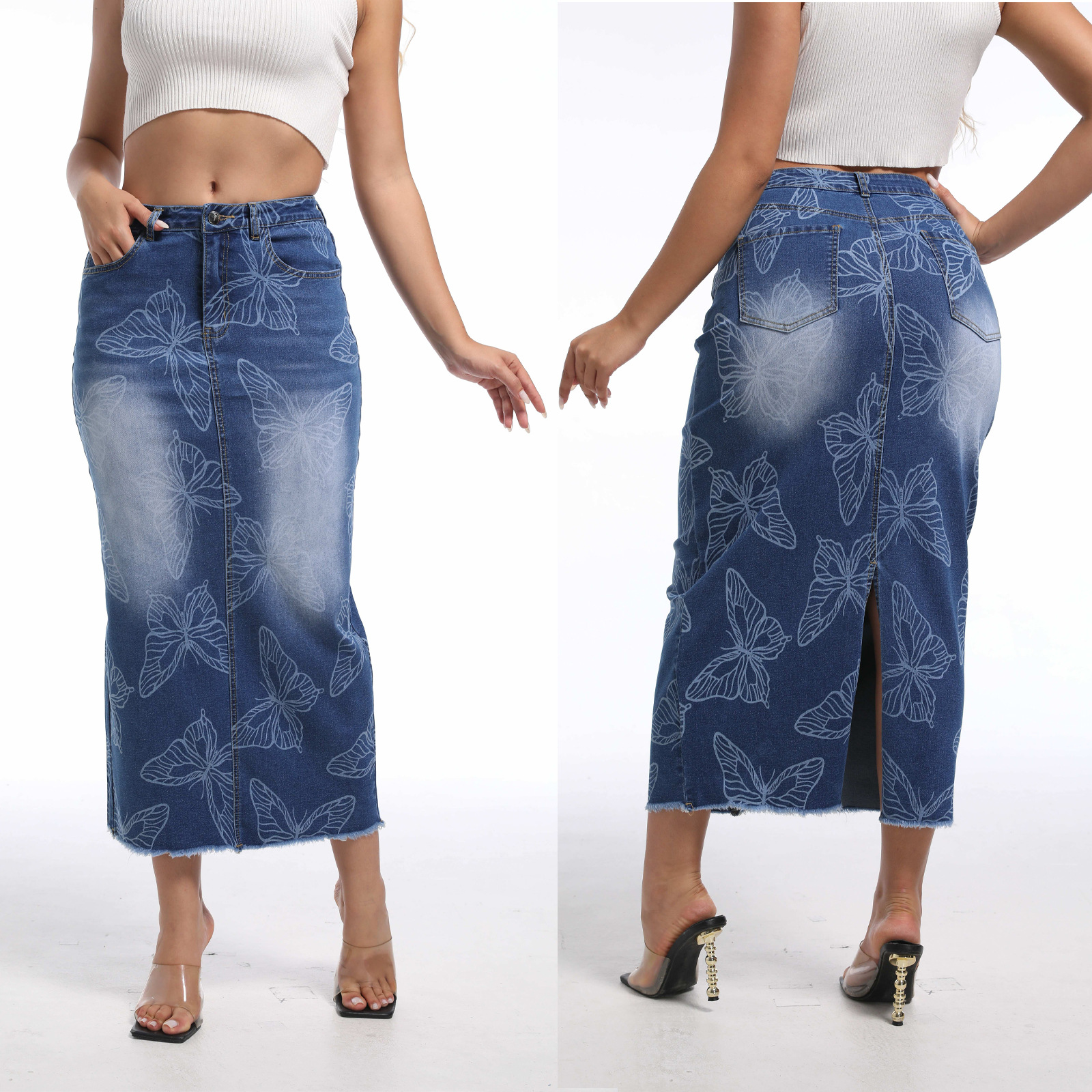 2025 Amazon New Hip-Covering Printed Denim Skirt European and American Versatile Slim Fit Plus Size Women's Slit Women's Long Skirt