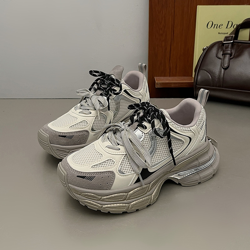 Silver gray thick-soled Paris daddy shoes women's shoes 2024 autumn new heightening mesh casual sports shoes