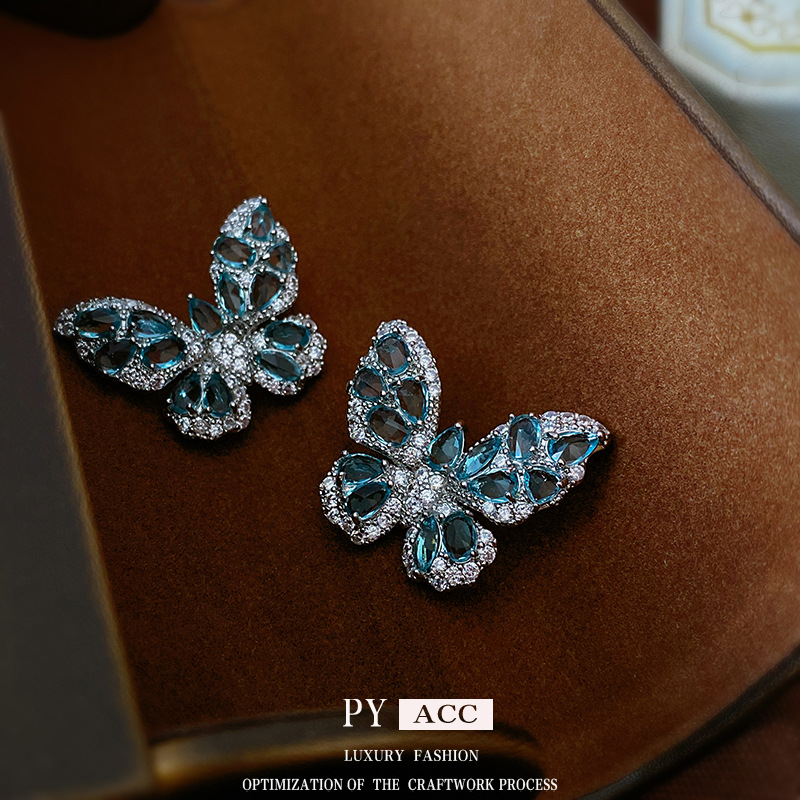 Silver Zircon Butterfly Earrings South Korea Fashion Niche Design Sense Earrings Internet Celebrity Light Luxury Elegant Earrings Wholesale Women
