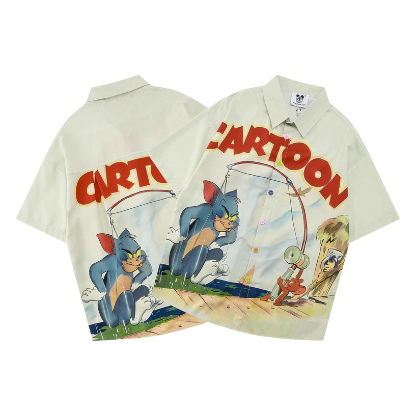 Chao Shen's Summer Casual Cartoon Printed Cat and Mouse Cute Girl Childish Loose Short-sleeved Beach Shirt Cardigan