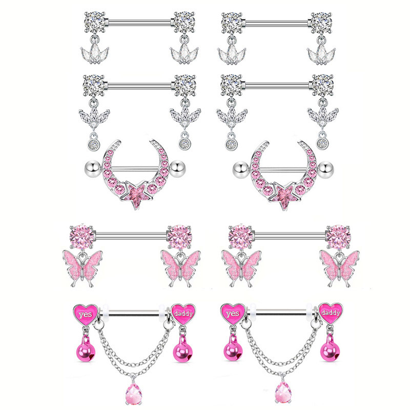 Cross-Border Trendy Sexy Pink Series Zircon Water Drop Nipple Ring Butterfly Personalized Nipple Nail Female Pierced Jewelry Wholesale