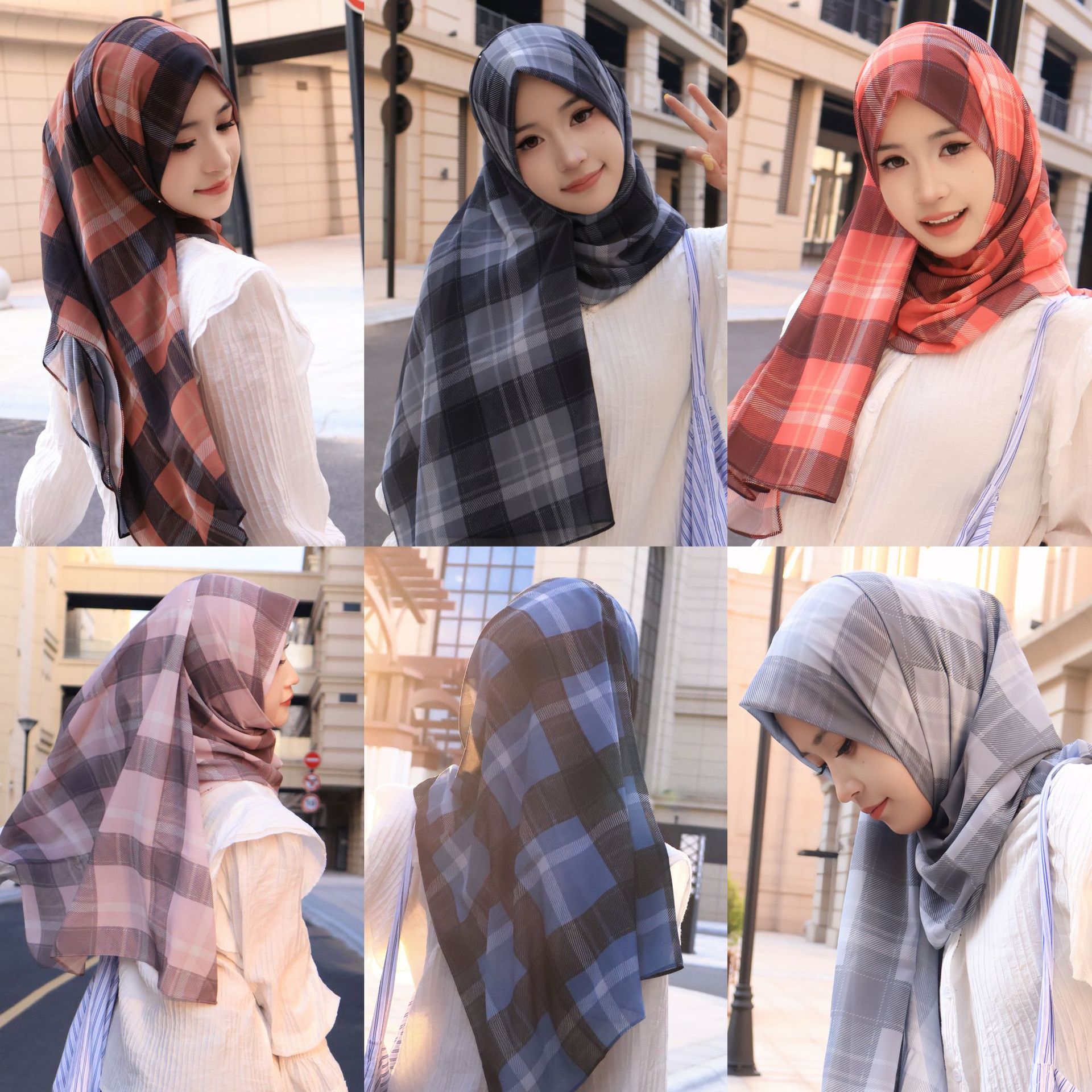 Autumn and Winter High-end Sense Contrast Color Plaid Printed Chiffon Long Scarf Plaid Chiffon Beads Scarf Hijab Women's Shawl