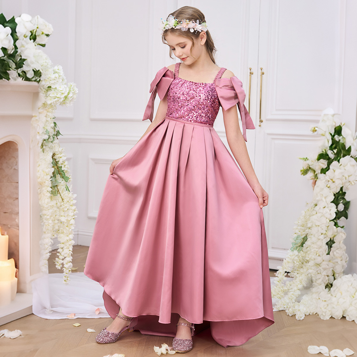 Cross-Border Long Sequined Off-Shoulder Bow Banquet Evening Dress Wedding Flower Girl Dress Princess Dress