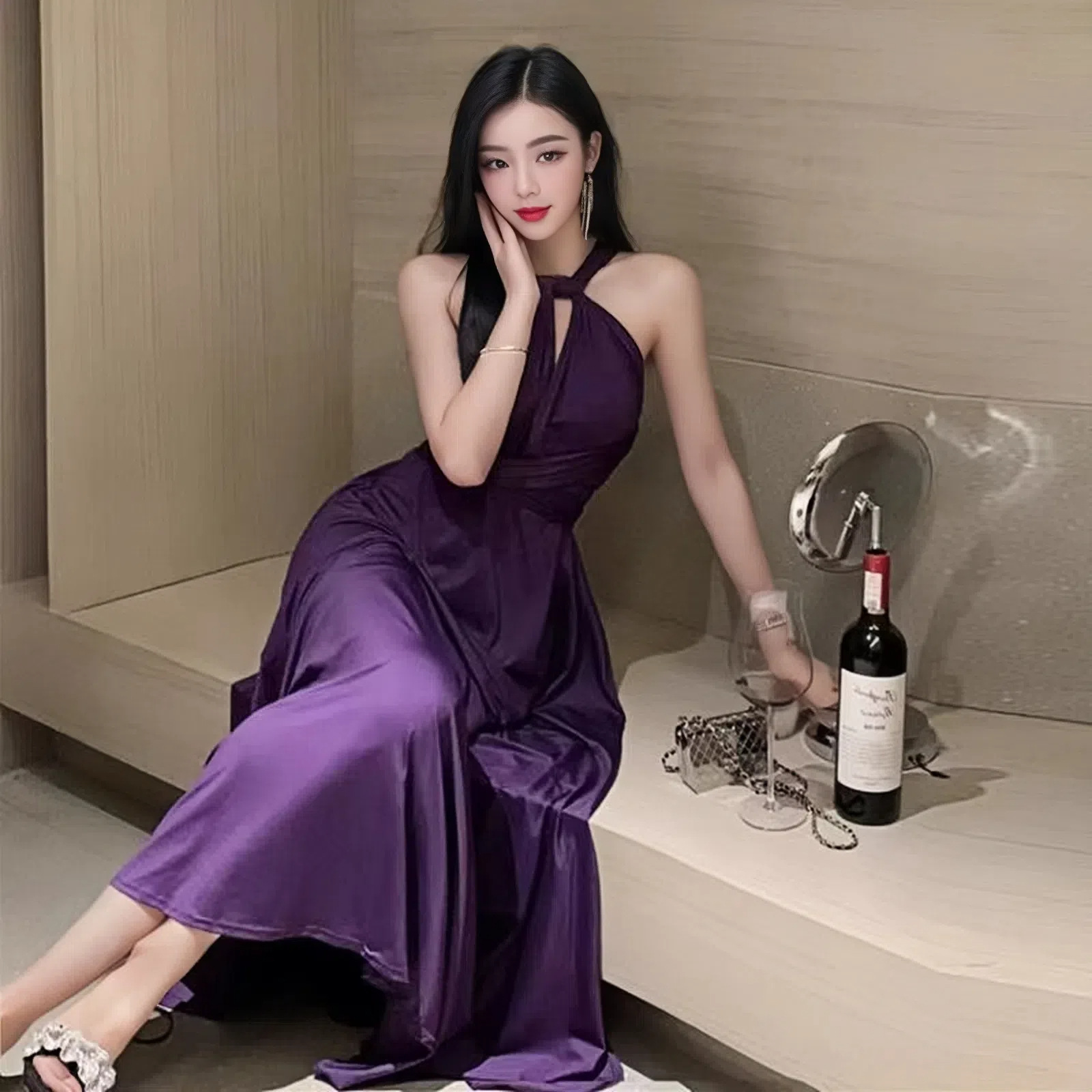 Picture of French Retro High-end Sense Small Multi-wear Strap Large Swing dress Backless Sexy Bridesmaid Dress for Women