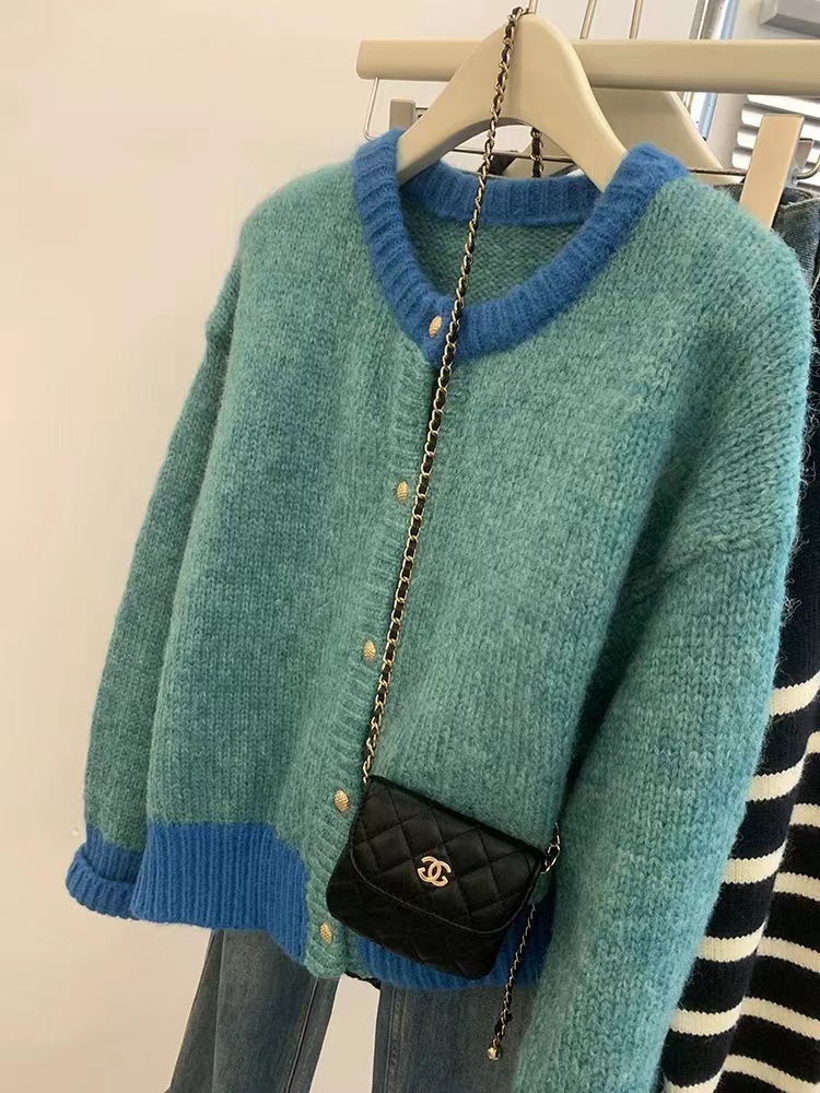 Picture of Blue Elegant Knitted Cardigan Sweater Jacket Women's Long-Sleeved Outer Top Design Niche Lazy High-End Sense