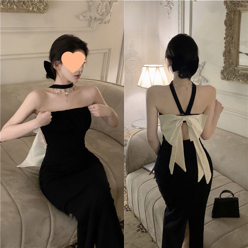 2024 black halter dress summer pure hot girl dress sexy bow small slim sheath open