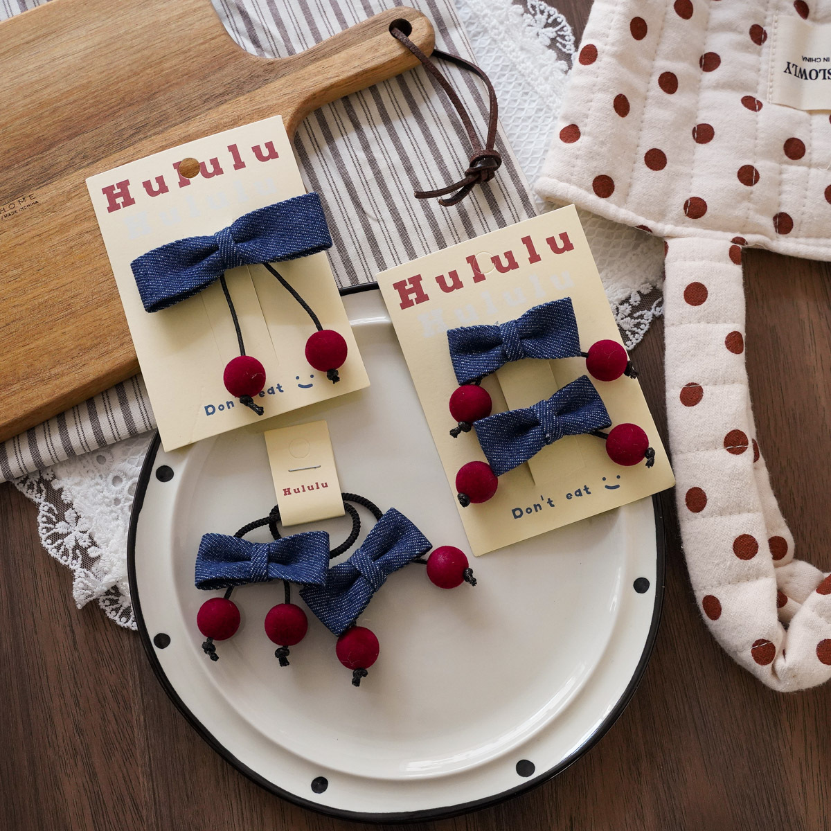 Korean Style Denim Fabric Cherry Bow Children's Hairpin Cute Girls' Hairband Autumn and Winter Little Girl's Headwear Hairpin