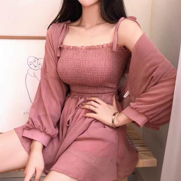 2025 French Sun Protection Jacket Shorts Chiffon Clothes Elegant Suspender Top Suit Women's Spring and Summer Three-Piece Set