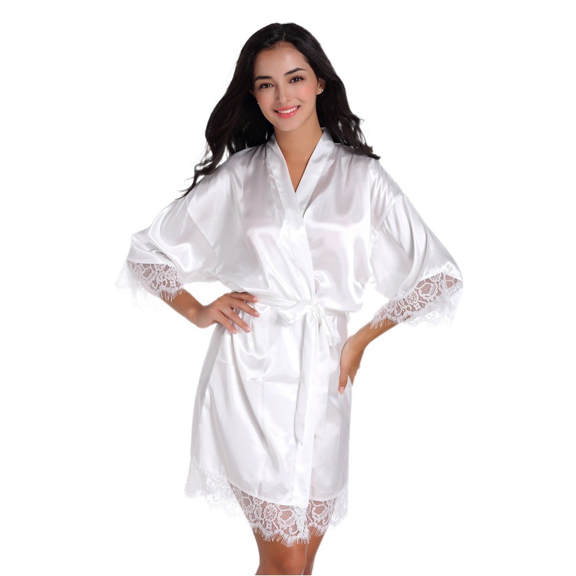 Cross-border Seven-point Sleeve Sexy Lace Solid Color Home Nightgown Bathrobe Summer Women's Silk Cardigan Wedding Gown