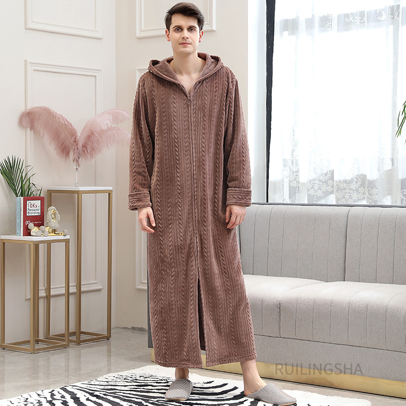 Picture of Couple Autumn and Winter Thickeneded Warm Flannel Nightgown Women's Long Men's Large Size Coral Velvet Bathrobe Zipper Pajama Dress