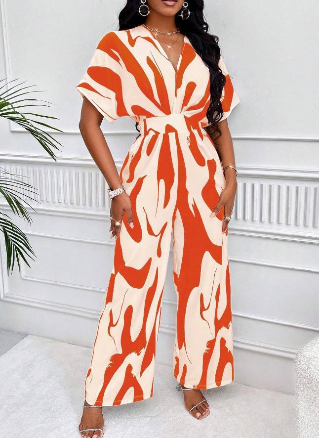 Picture of Cross-border 2024 Amazon AliExpress Europe and the United States spring and summer new short sleeve printed waist jumpsuit fashion wide leg women