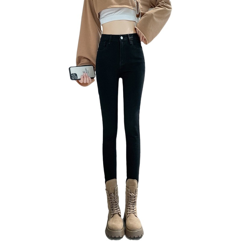 2023 Spring and Autumn New Smoky Grey High Waist Jeans Women's Trousers Black Slim-fit Tight Ankle-length Stretch Pants