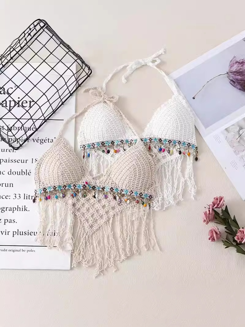 Beach Backless Lace-up V-Neck Outer Wear Knitted Tube Top Halter Bra Chest Wrap Bikini Swimsuit Top for Women