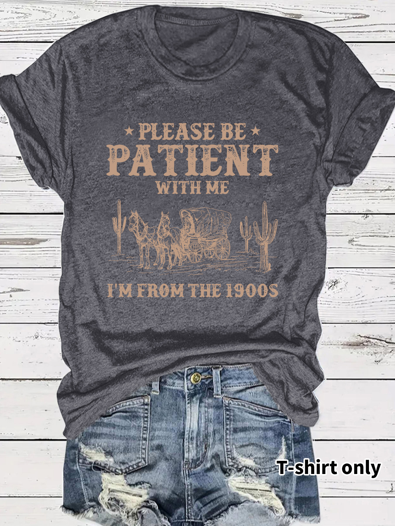 Picture of European and American Short-Sleeved Women's T-Shirts Summer Women's Clothing Western Denim Retro Pattern Round Neck Short-Sleeved Casual Fashion Export Hot Style