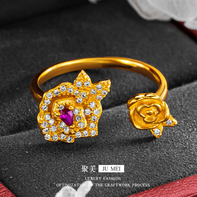 New Chinese Style Retro Micro Inlaid Zircon Twin Rose Ring High-grade Saute Gold Light Luxury Gold Color Wholesale