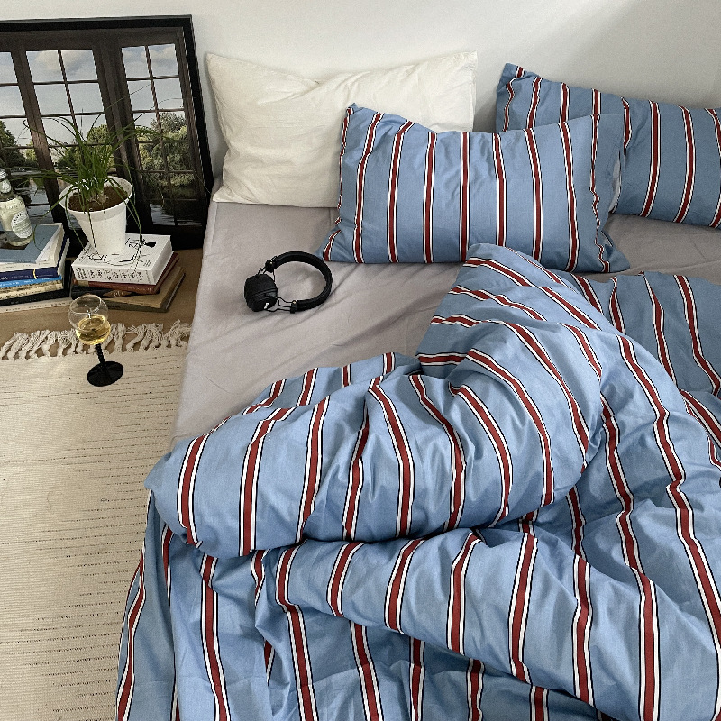 Picture of ins Same Style Simple Striped Cotton Bed Four-piece Set Pure Cotton Bed Sheet Quilt Cover Bedclothes Student Three-piece Set