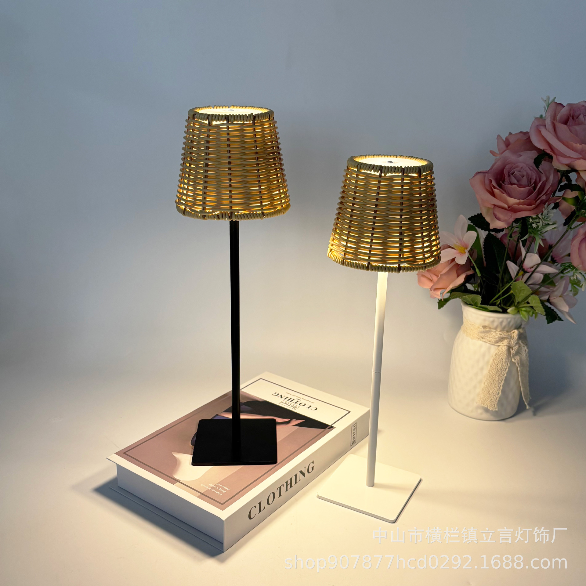 Led Rechargeable Modern Creative Rattan High-Footed Atmosphere Table Lamp Living Room Bedroom Teahouse Atmosphere Accessible Luxury Decorative Night Light