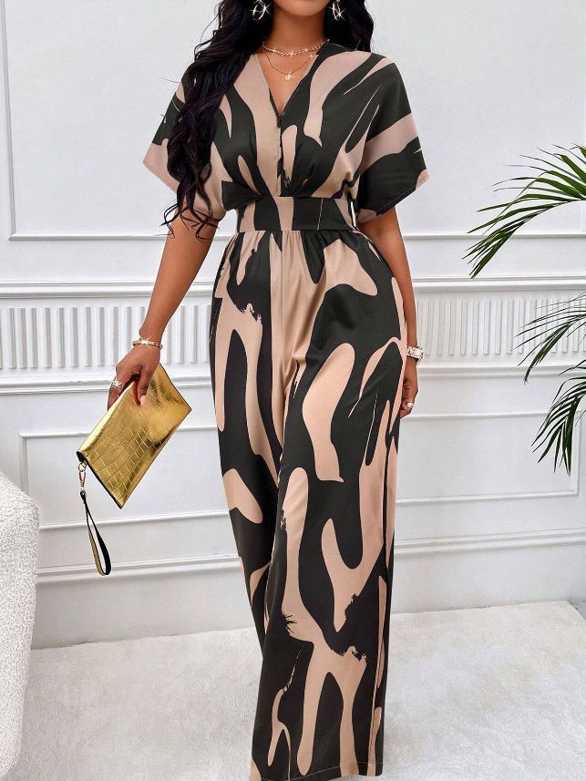 Picture of Cross-border 2024 Amazon AliExpress Europe and the United States spring and summer new short sleeve printed waist jumpsuit fashion wide leg women