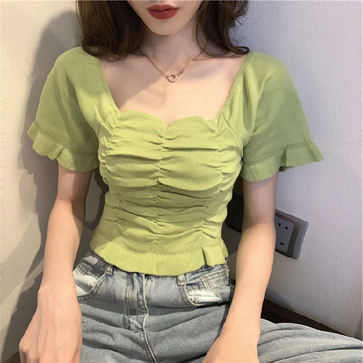 Picture of Summer 2020 New Arrival Retro French Style Short Top Shirt Shows Clavicle Caught Machine Slim-fit Slimming Short-sleeved Sweater for Women